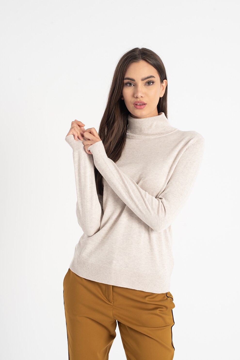 Tom Tailor, Pulover cu guler inalt si terminatii striate, Maro deschis melange, XS