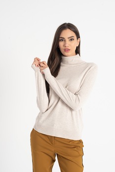 Tom Tailor, Pulover cu guler inalt si terminatii striate, Maro deschis melange, XS Tom Tailor, Pulover cu guler inalt si terminatii striate, Maro deschis melange, XS