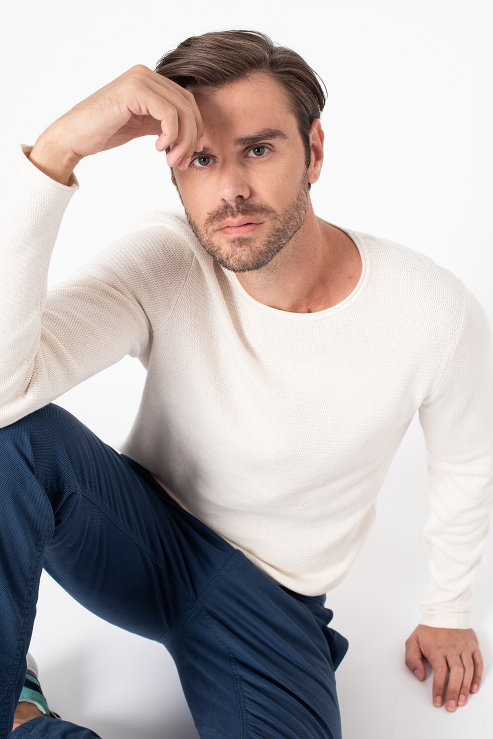 Tom Tailor, Pulover din bumbac cu decolteu la baza gatului, Alb