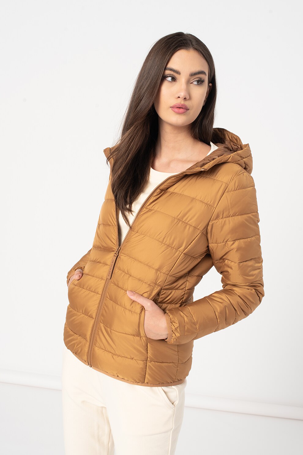 Tom Tailor, Jacheta cu gluga si aspect matlasat, Maro caramel, S