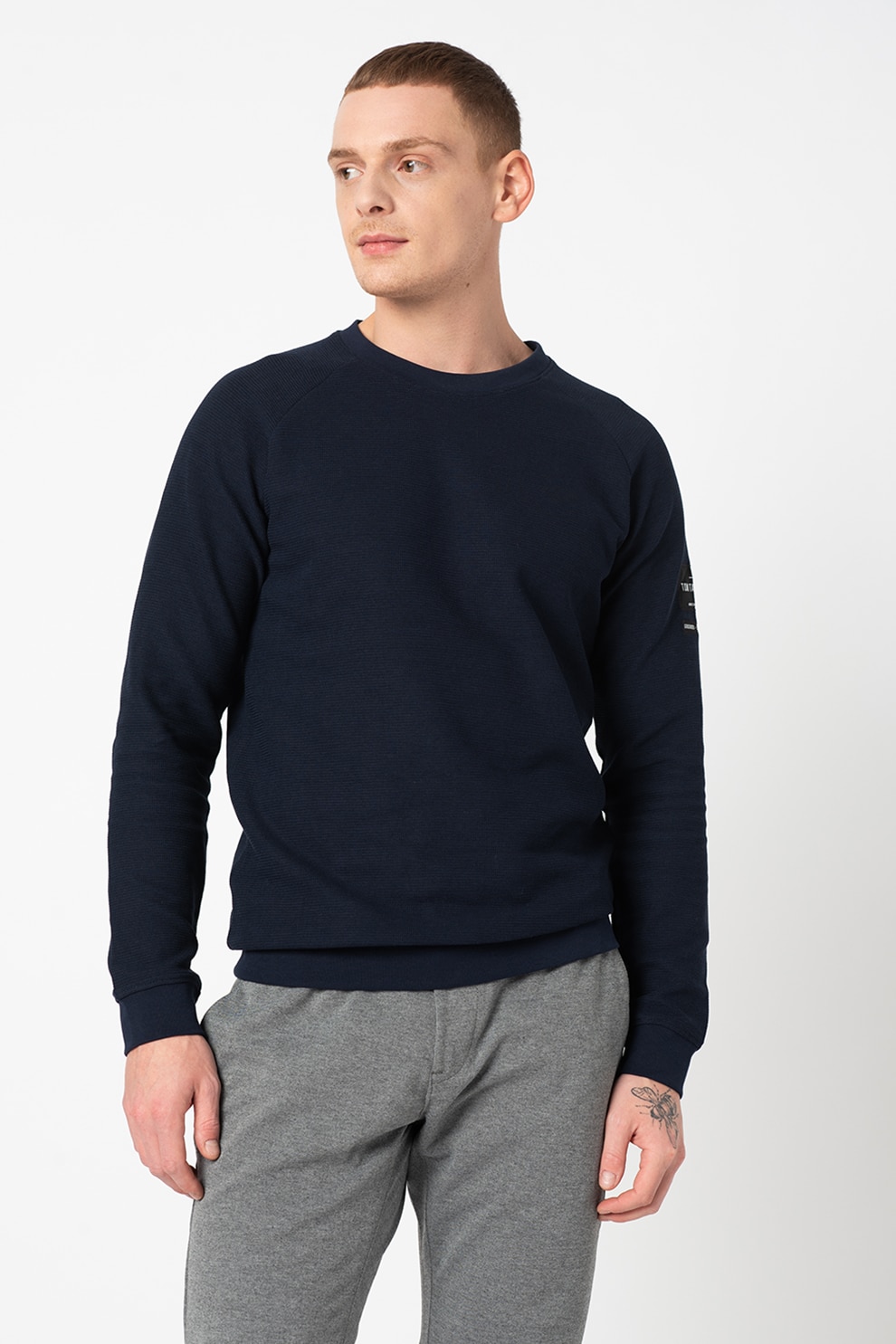 Tom Tailor, Pulover texturat cu decolteu la baza gatului si maneci raglan, Albastru