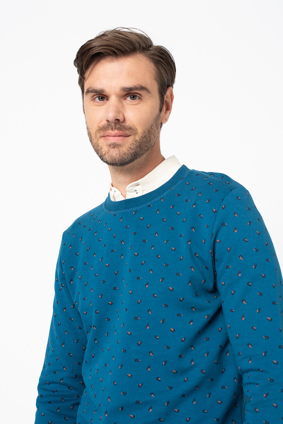 Tom Tailor, Bluza sport cu decolteu la baza gatului si imprimeu grafic, Albastru inchis/maro