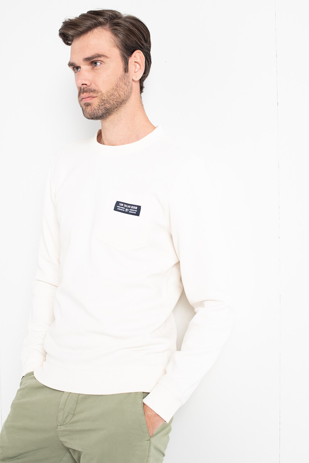 Tom Tailor, Bluza sport cu buzunar pe piept, Alb fildes