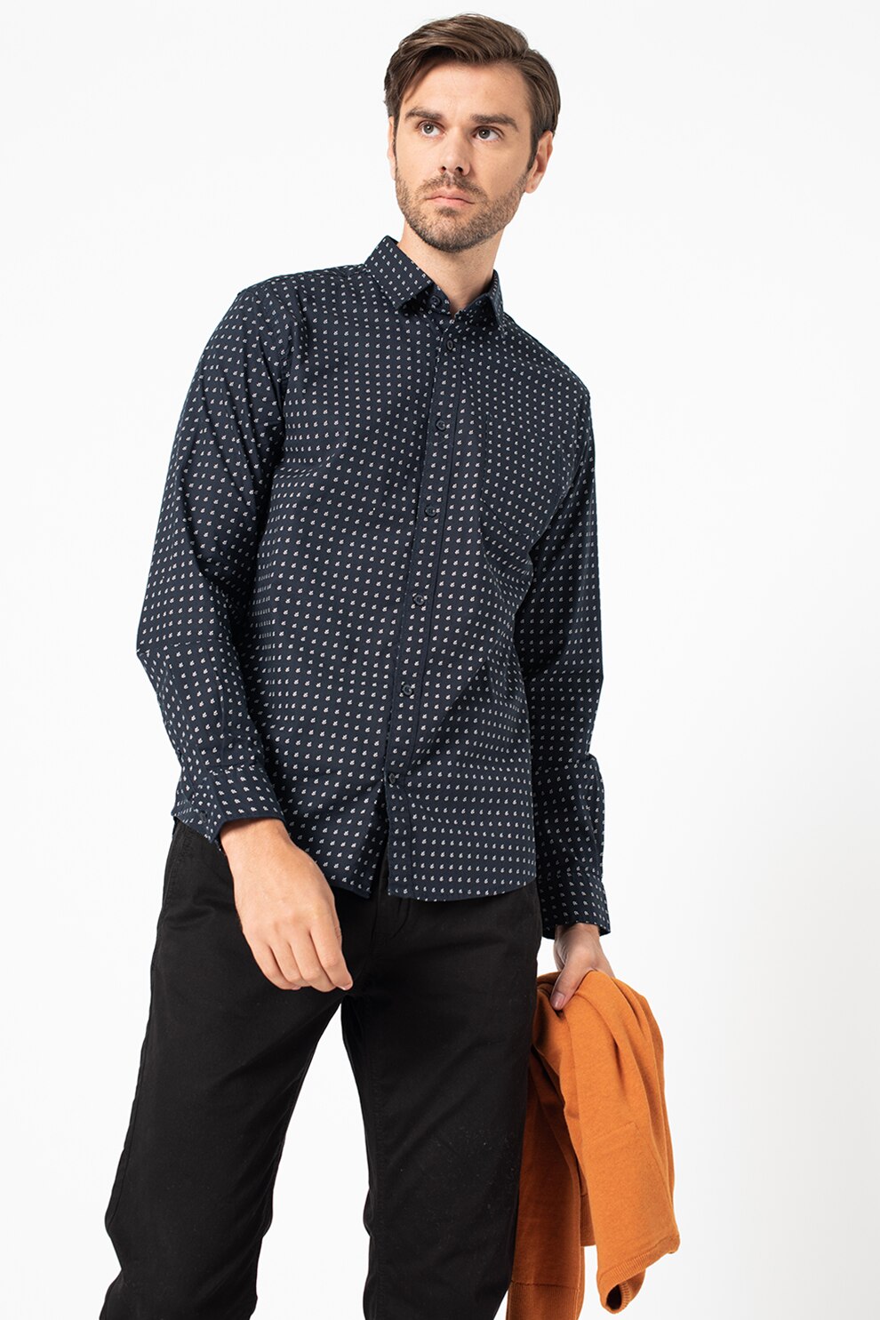 Tom Tailor, Camasa regular fit cu model, bleumarin inchis, alb