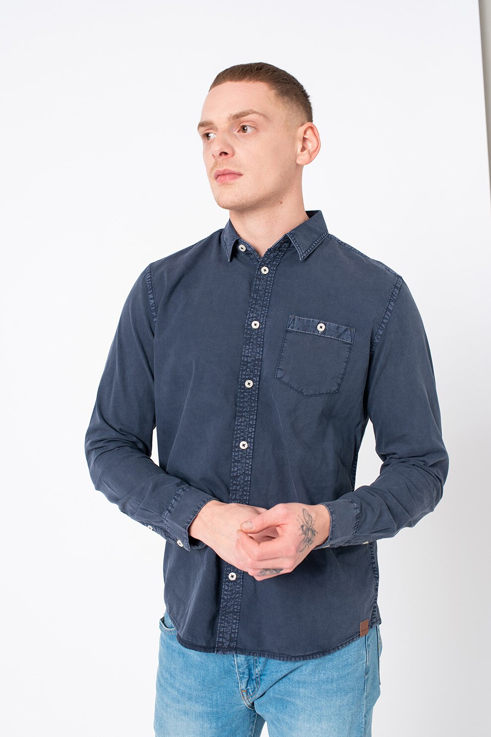 Tom Tailor, Camasa din bumbac cu buzunar pe piept, Bleumarin