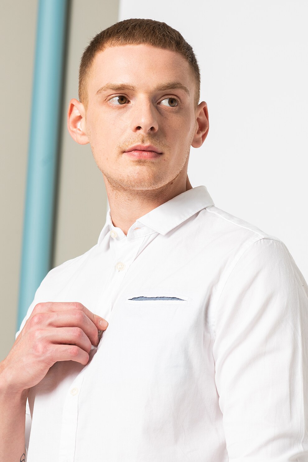 Tom Tailor, Camasa de bumbac cambrata cu buzunar pe piept, Alb