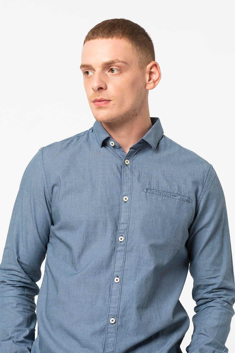 Tom Tailor, Camasa de bumbac cambrata cu buzunar pe piept, Albastru prafuit