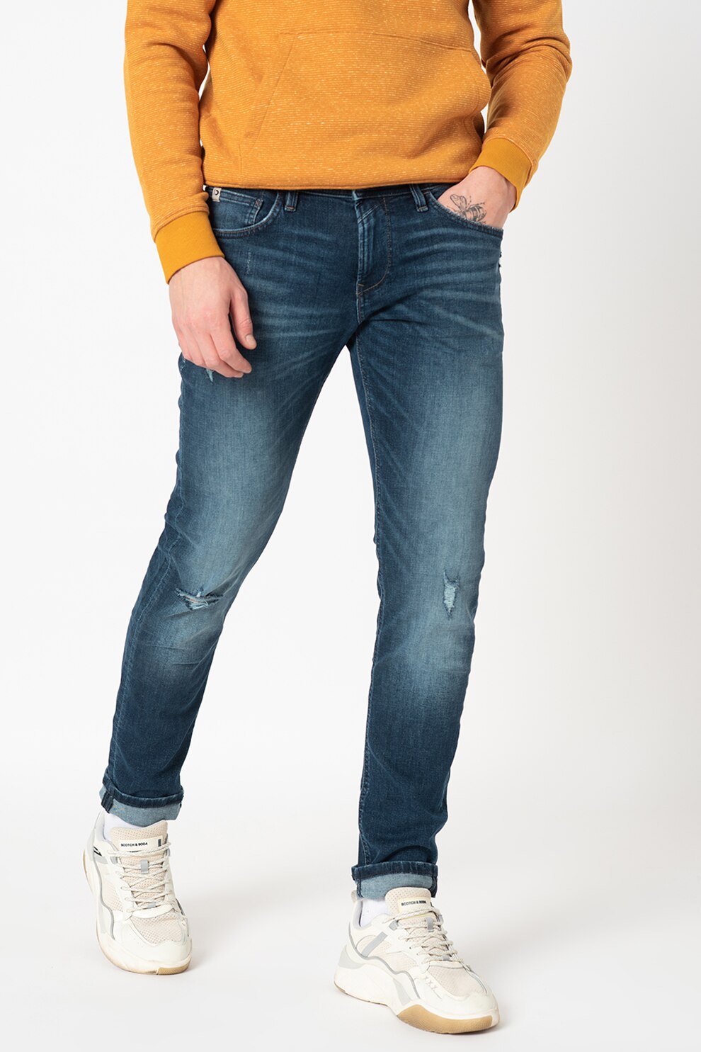 Tom Tailor, Blugi slim fit cu detalii deteriorate, Albastru inchis, W33-L34