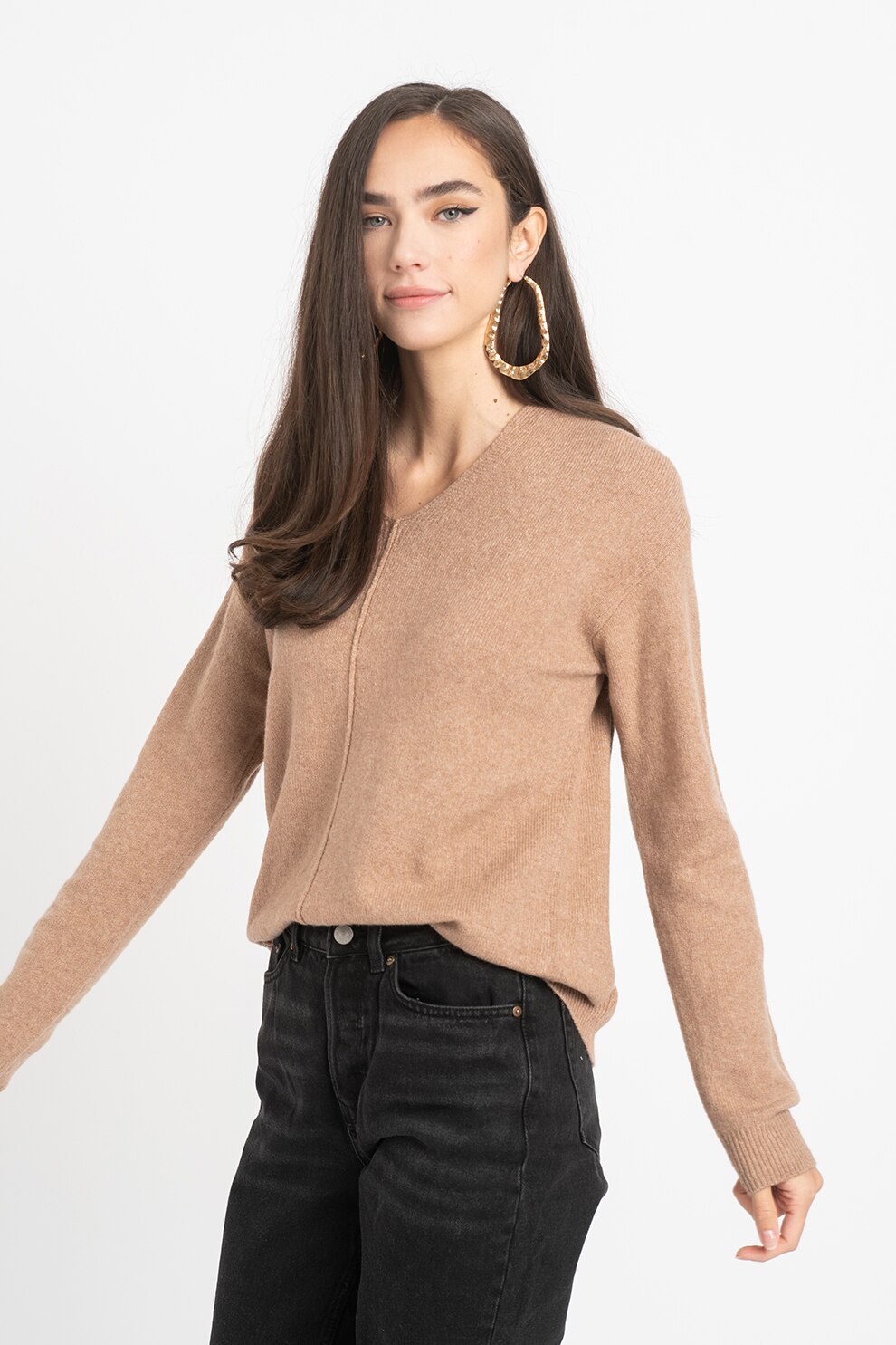 Tom Tailor, Pulover cu decolteu in V si aspect de tricot fin, Maro camel