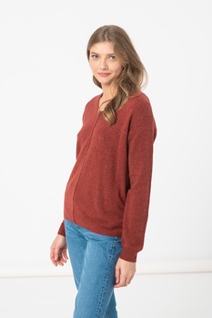 Tom Tailor, Pulover cu decolteu in V si aspect de tricot fin, Rosu inchis Tom Tailor, Pulover cu decolteu in V si aspect de tricot fin, Rosu inchis