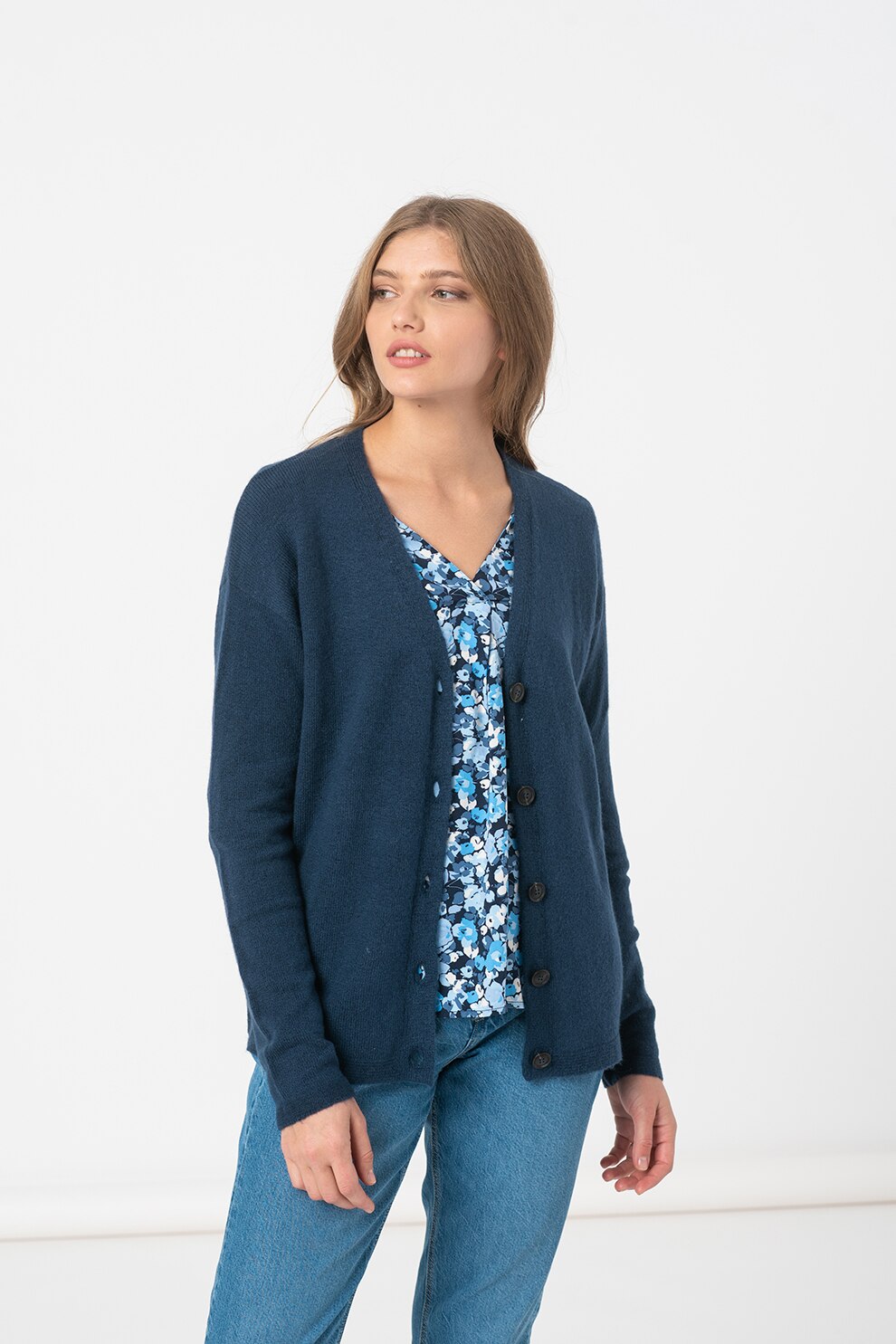 Tom Tailor, Cardigan cu decolteu in V si nasturi, Bleumarin