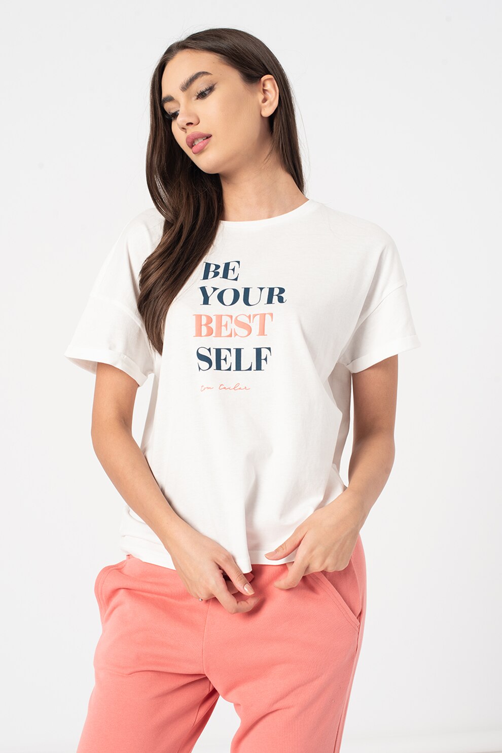 Tom Tailor, Tricou cu maneci cazute si imprimeu text, Alb/Bleumarin