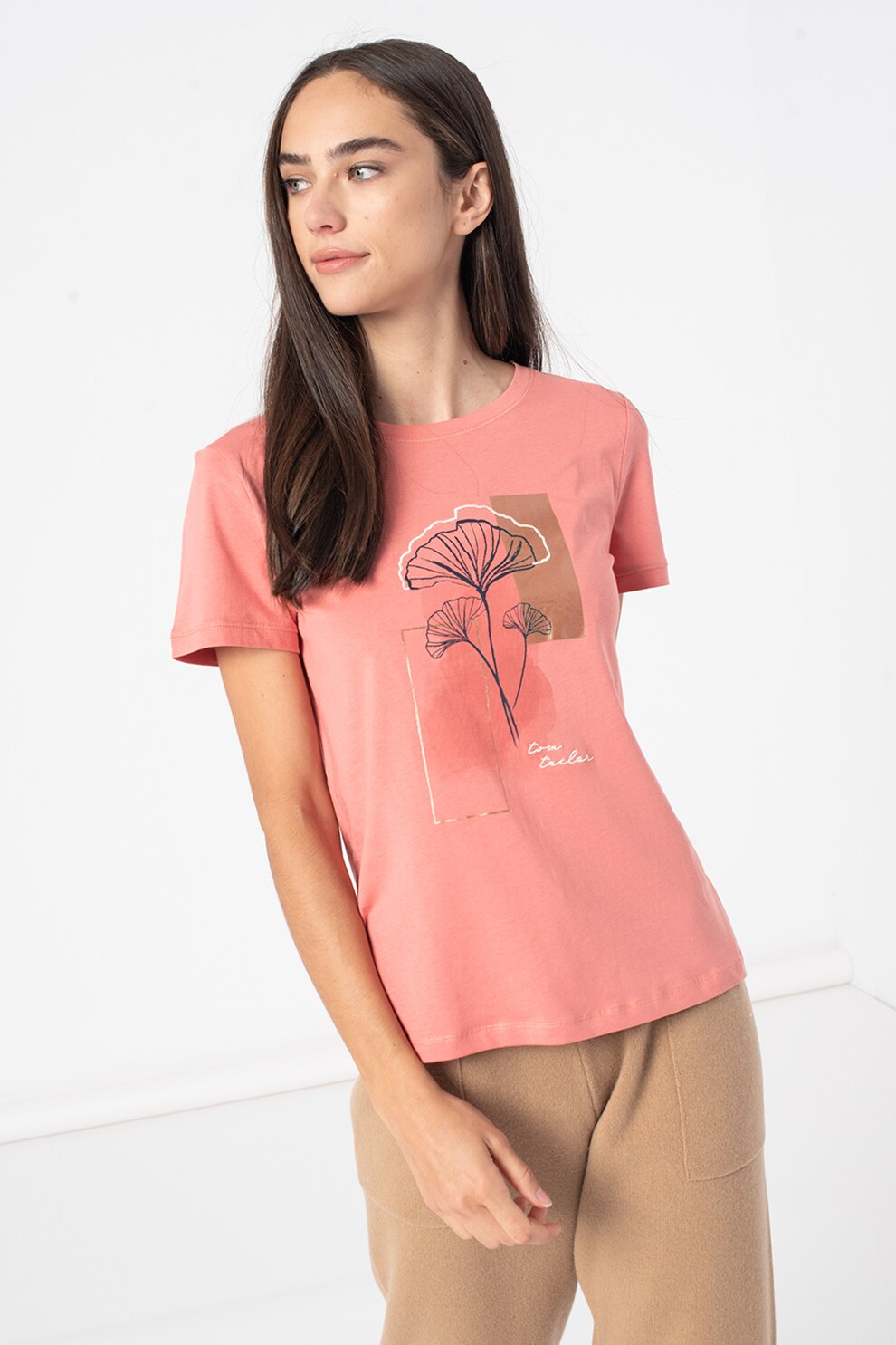 Tom Tailor, Tricou de bumbac organic cu imprimeu, Roz/Maro bronz