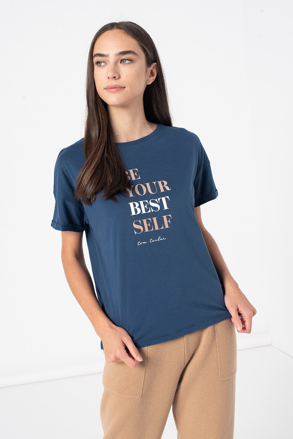 Tom Tailor, Tricou cu maneci cazute si imprimeu text, Albastru inchis