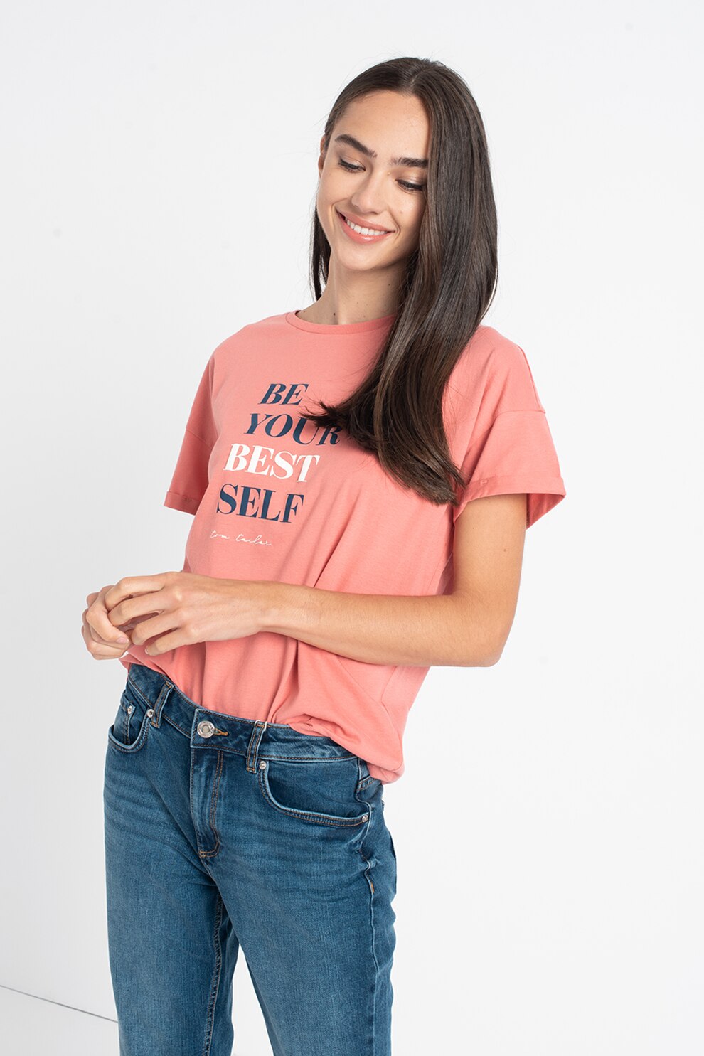 Tom Tailor, Tricou cu maneci cazute si imprimeu text, Roz prafuit/Bleumarin/Alb