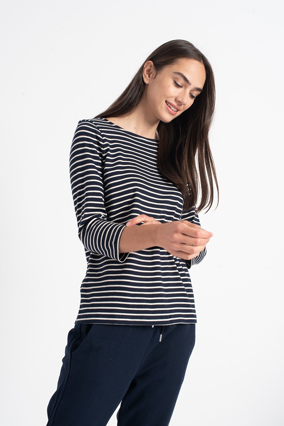 Tom Tailor, Bluza cu model in dungi si maneci trei sferturi, Bleumarin/Alb