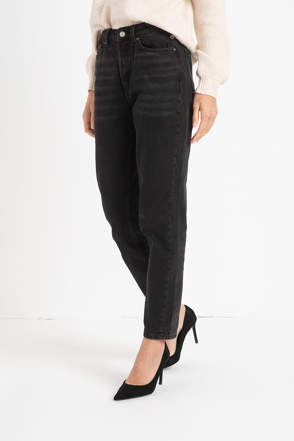 Tom Tailor, Blugi mom-fit cu talie inalta, Negru, 26