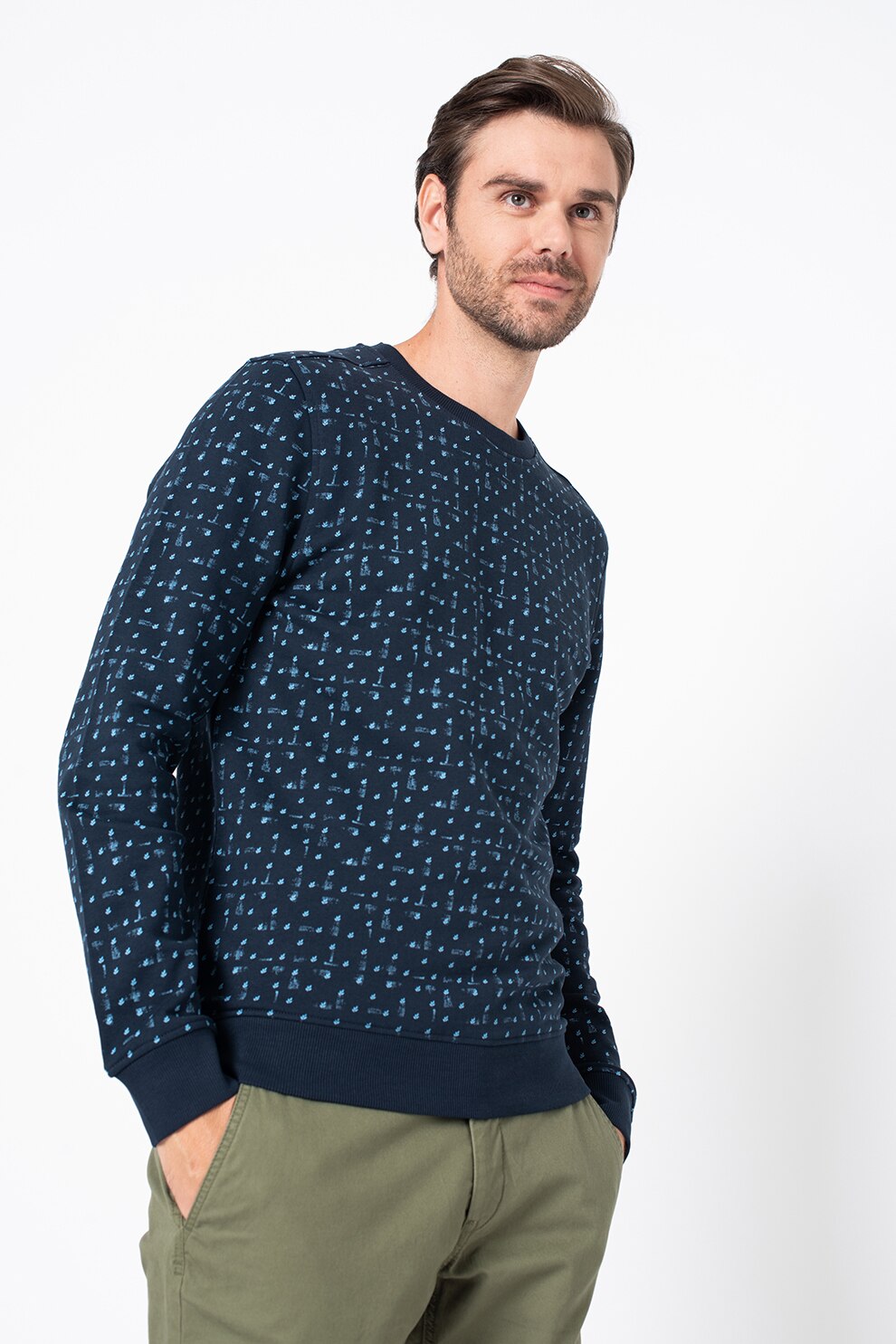 Tom Tailor, Bluza sport cu decolteu la baza gatului si imprimeu grafic, Bleumarin