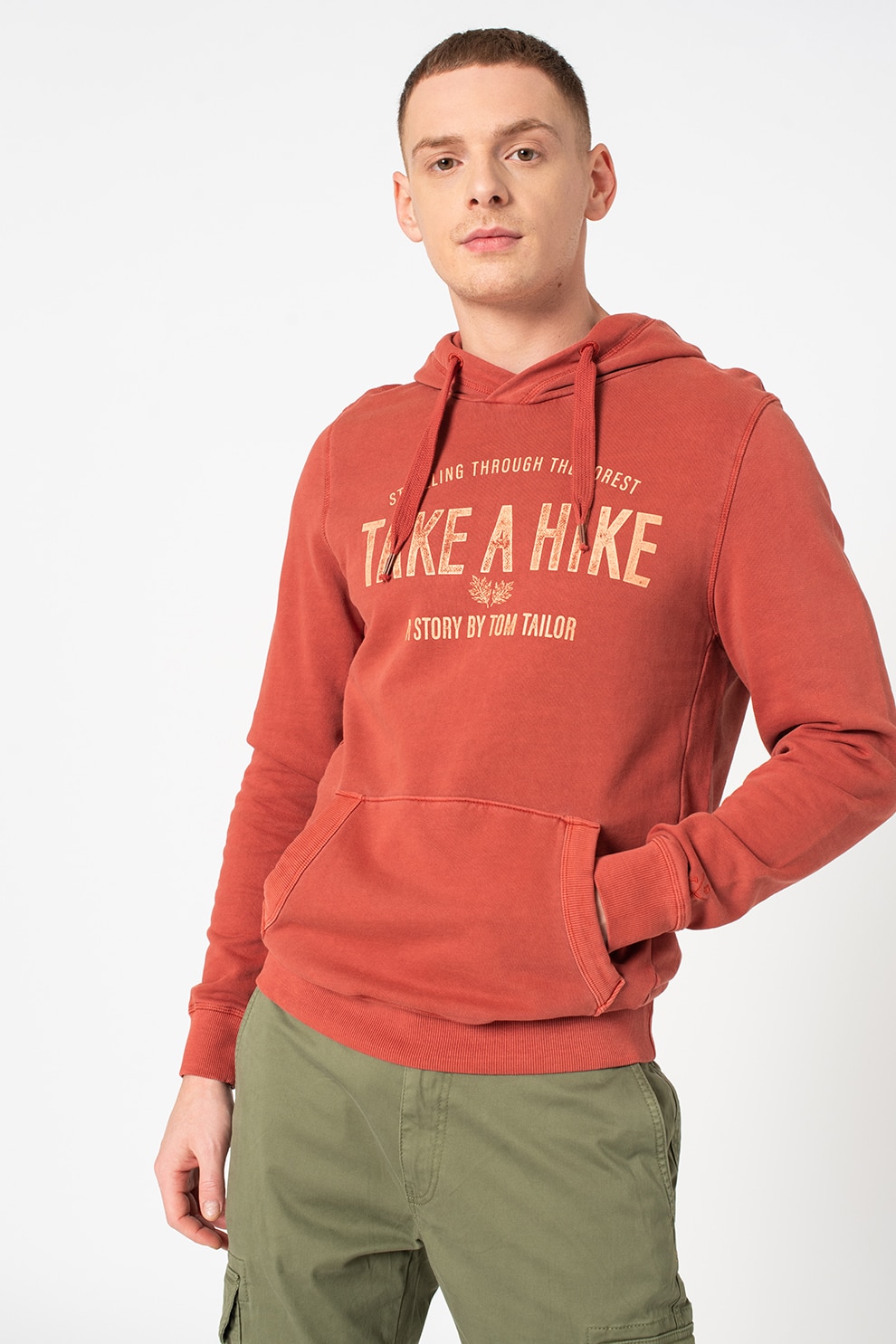 Tom Tailor, Hanorac cu imprimeu text si buzunar kangaroo, Rosu stins/oranj