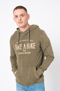 Tom Tailor, Hanorac cu imprimeu text si buzunar kangaroo, Verde militar Tom Tailor, Hanorac cu imprimeu text si buzunar kangaroo, Verde militar