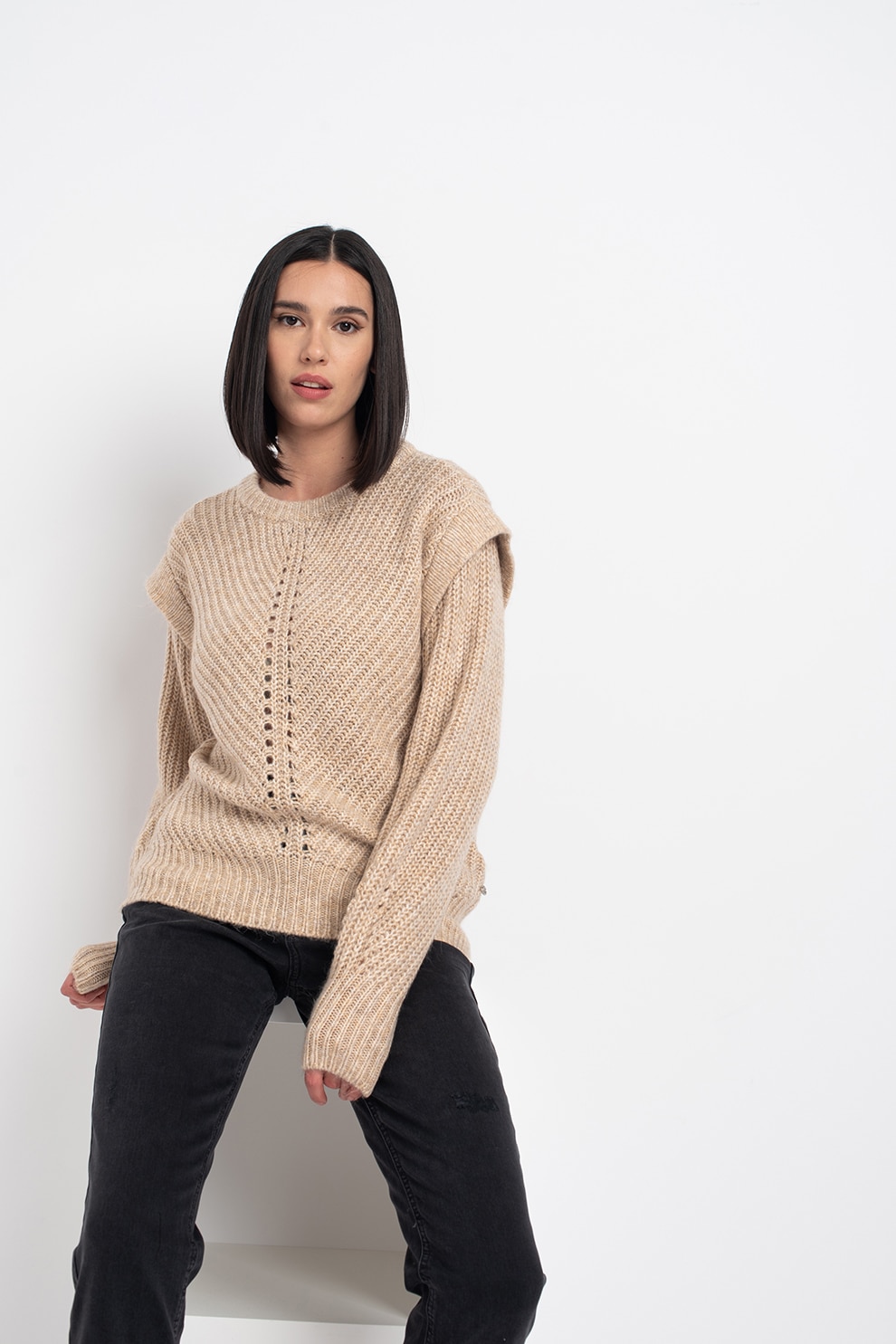 Tom Tailor, Pulover cu decolteu la baza gatului si perforatii, Maro nisip