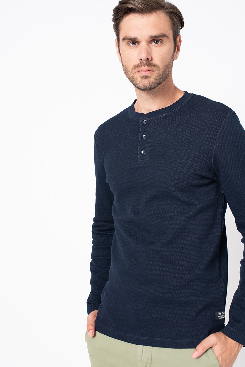 Tom Tailor, Bluza din amestec de bumbac cu decolteu henley, Bleumarin, S