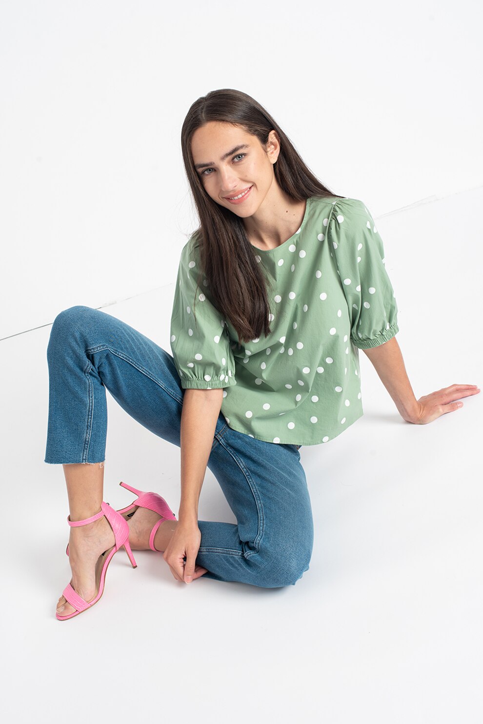 Tom Tailor, Bluza cu maneci bufante si buline, Verde/Alb