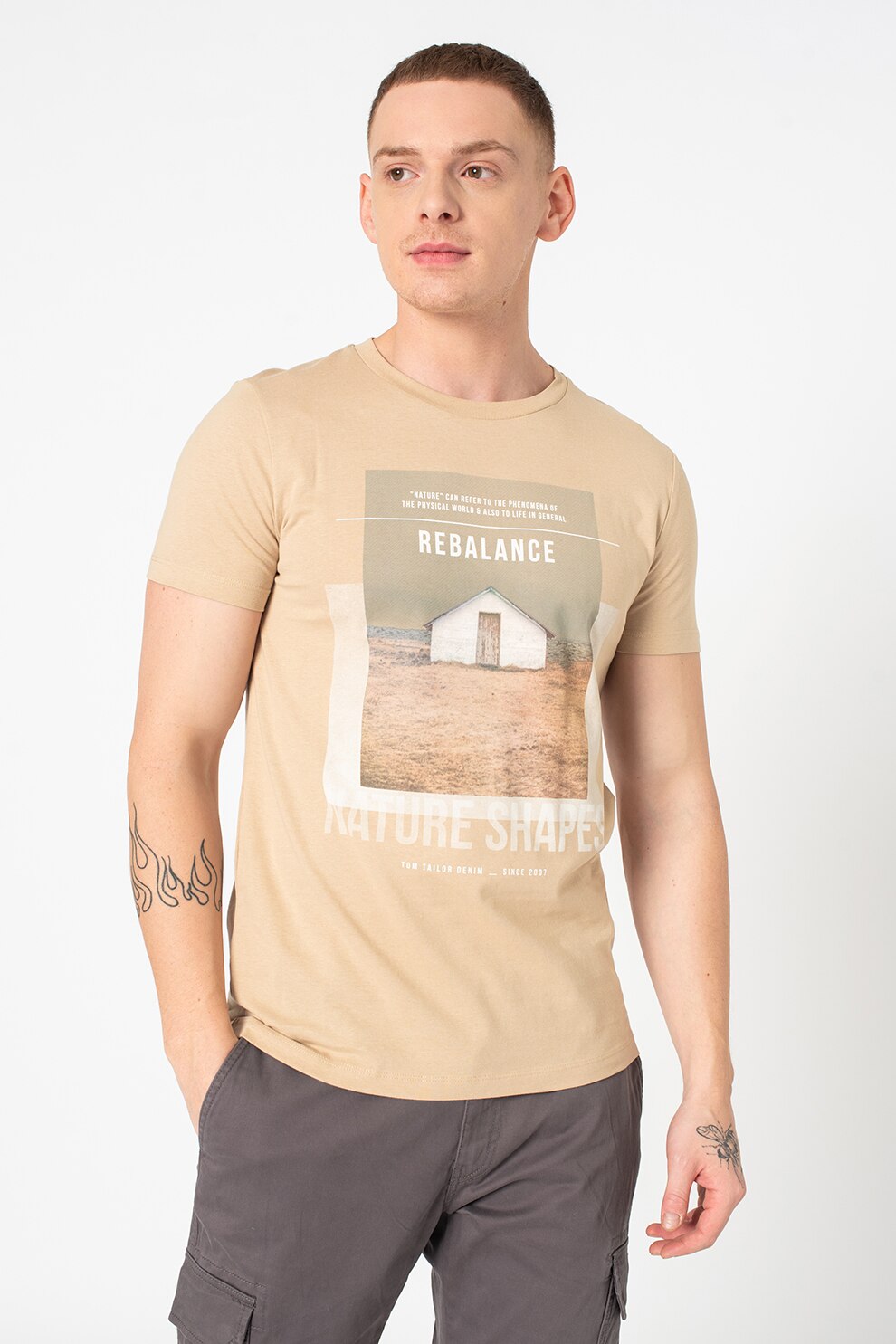 Tom Tailor, Tricou din bumbac organic cu imprimeu foto, Bej/Alb