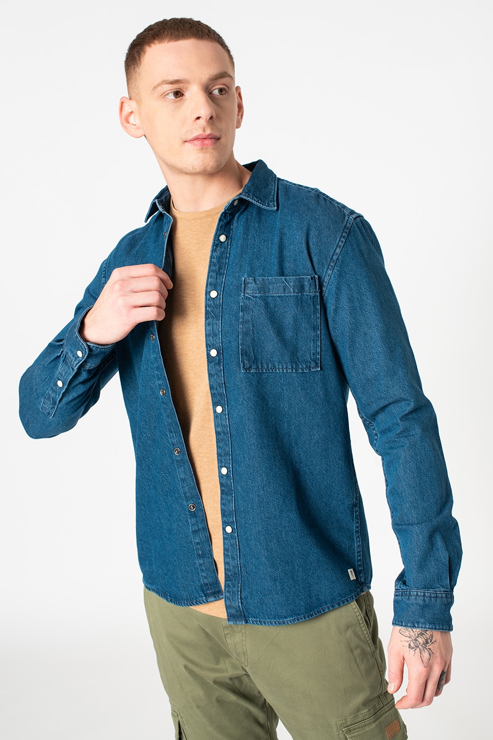 Tom Tailor, Camasa din denim cu buzunar pe piept, Albastru inchis