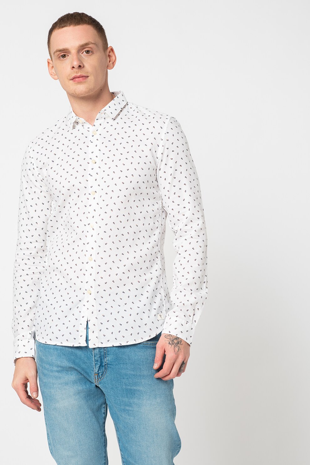 Tom Tailor, Camasa slim fit de bumbac, Alb/Bleumarin inchis/Maro