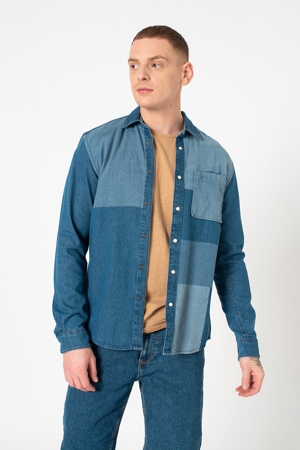 Tom Tailor, Camasa din denim cu buzunar pe piept, Albastru deschis