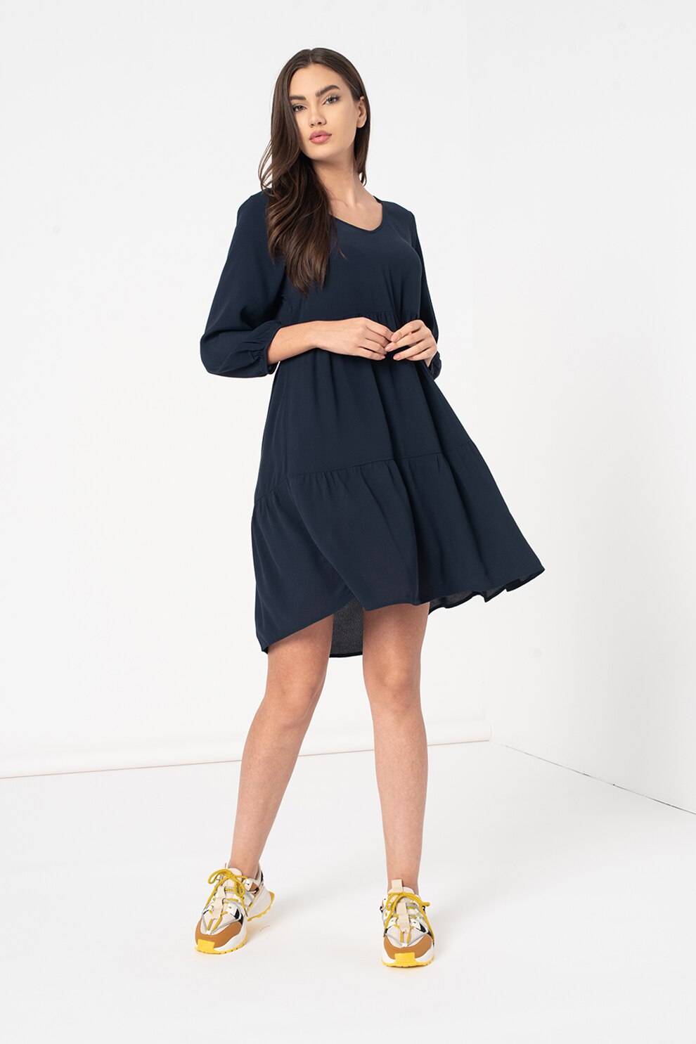 Tom Tailor, Rochie lejera cu straturi multiple si decolteu in V, Bleumarin