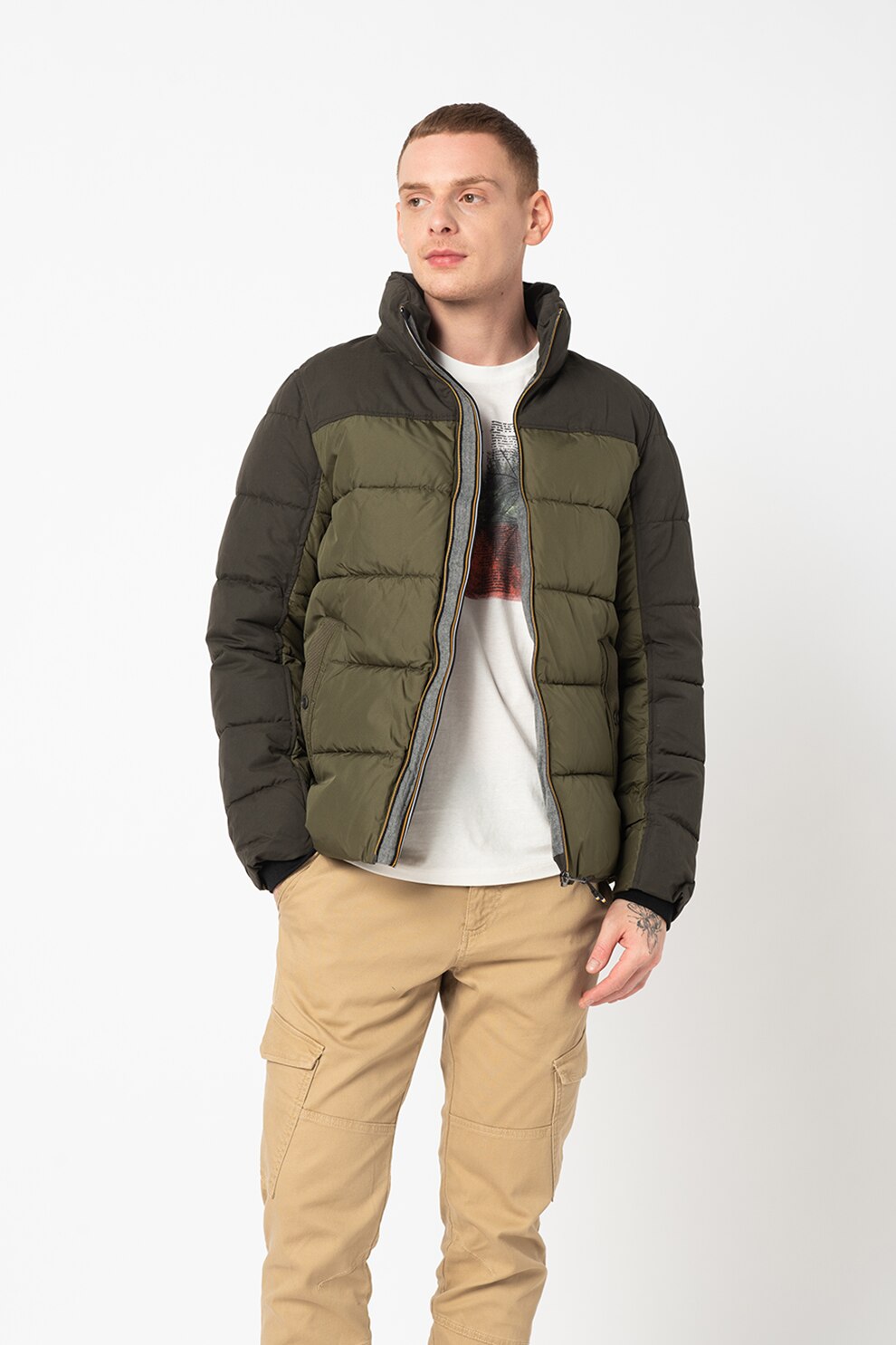 Tom Tailor, Geaca cu fermoar si vatelina, Verde militar/Verde feriga