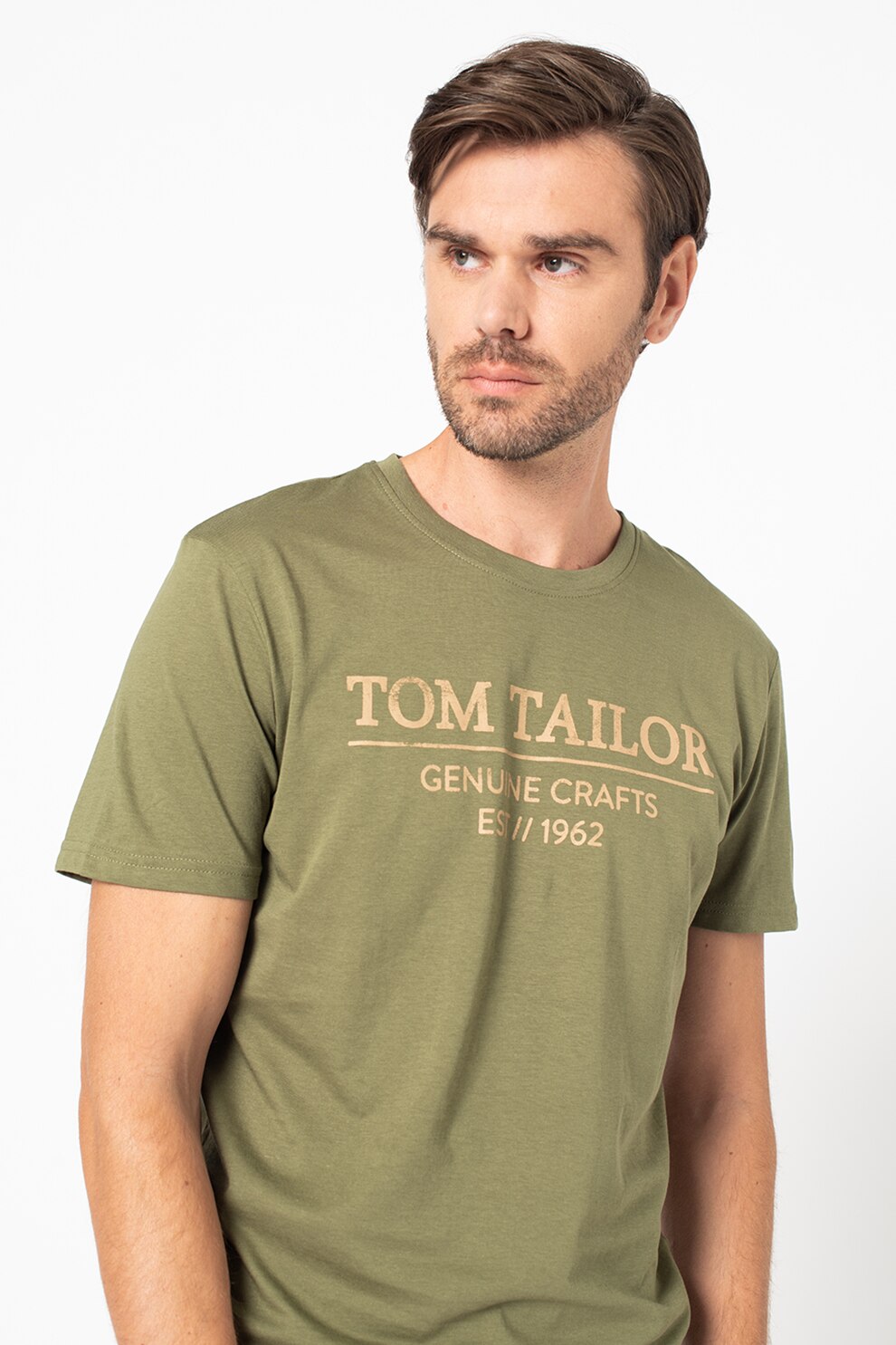 Tom Tailor, Tricou cu decolteu la baza gatului si imprimeu logo, Verde feriga/Maro camel