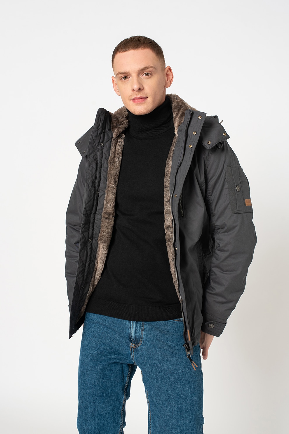 Tom Tailor, Jacheta parka cu buzunare pe piept, Gri antracit