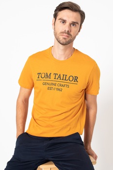 Tom Tailor, Tricou cu decolteu la baza gatului si imprimeu logo, Maro caramel/Bleumarin