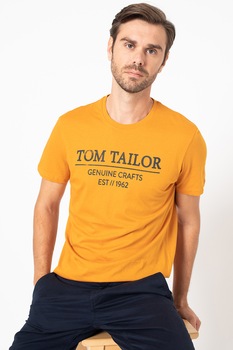 Tom Tailor, Tricou cu decolteu la baza gatului si imprimeu logo, Maro caramel/Bleumarin Tom Tailor, Tricou cu decolteu la baza gatului si imprimeu logo, Maro caramel/Bleumarin