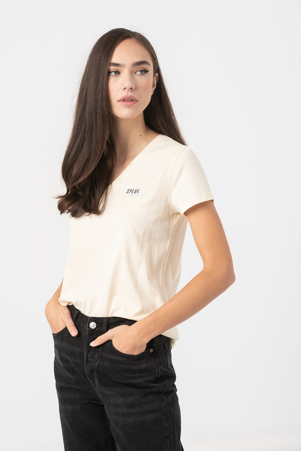 Tom Tailor, Tricou de bumbac organic cu decolteu in V, Crem