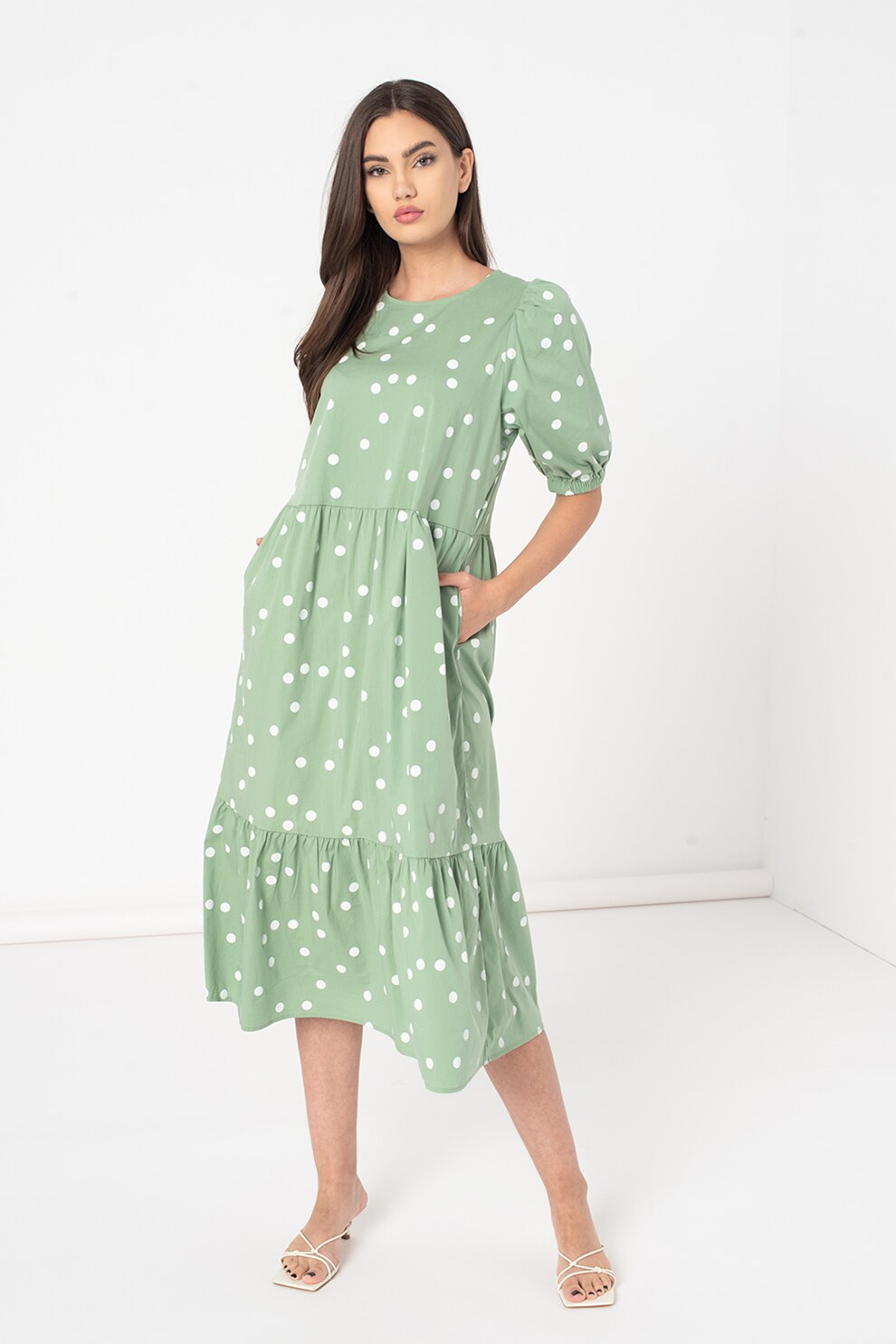 Tom Tailor, Rochie midi cu maneci bufante si buline, Verde/Alb