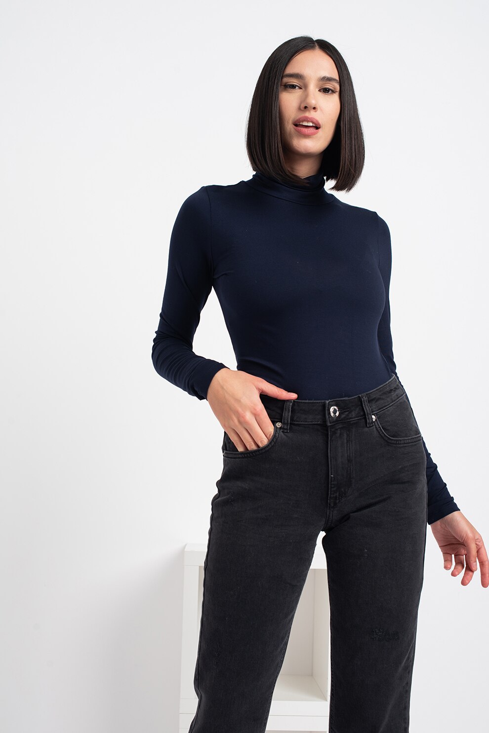 Tom Tailor, Bluza slim fit cu guler inalt, Bleumarin inchis, XL