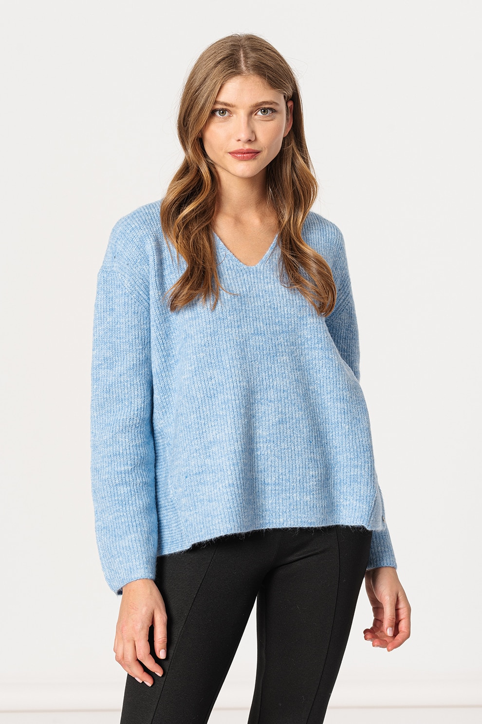 Tom Tailor, Pulover cu decolteu in V si maneci cazute, Bleu/Alb