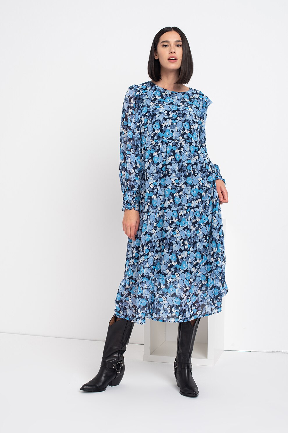 Tom Tailor, Rochie midi vaporoasa cu model floral, Albastru pastel/albastru inchis/alb