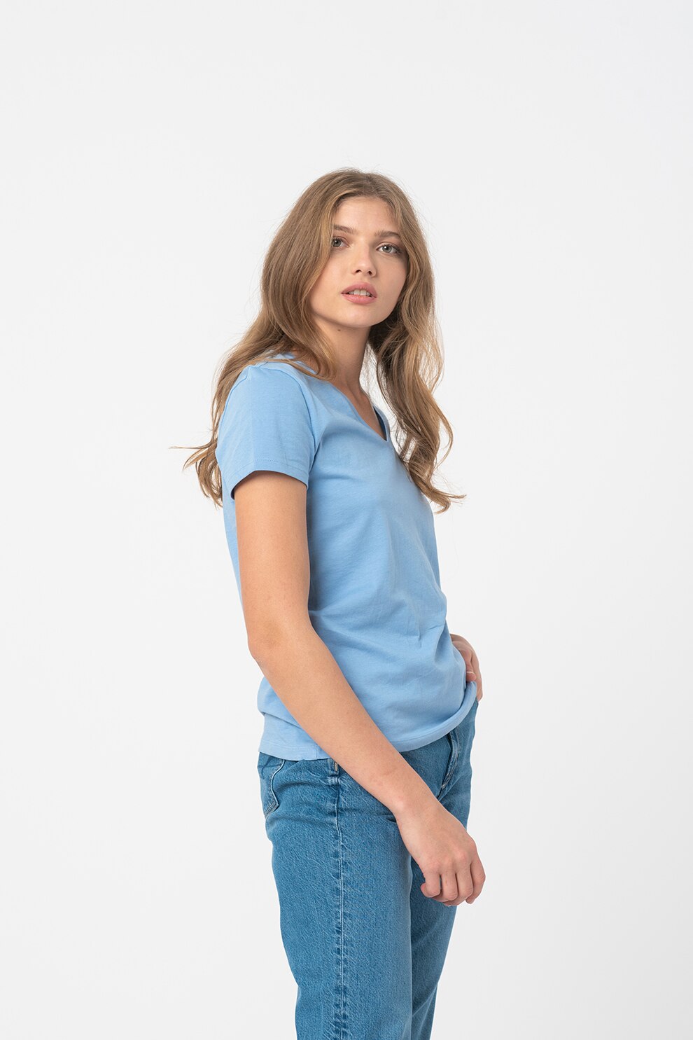 Tom Tailor, Tricou de bumbac organic cu decolteu in V, Albastru lavanda