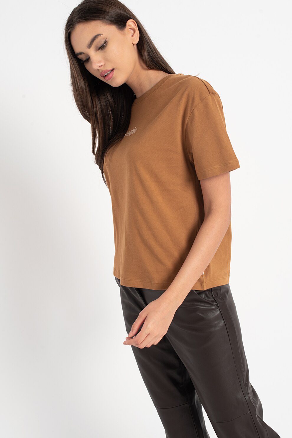 Tom Tailor, Tricou de bumbac organic cu text brodat, Maro caramel