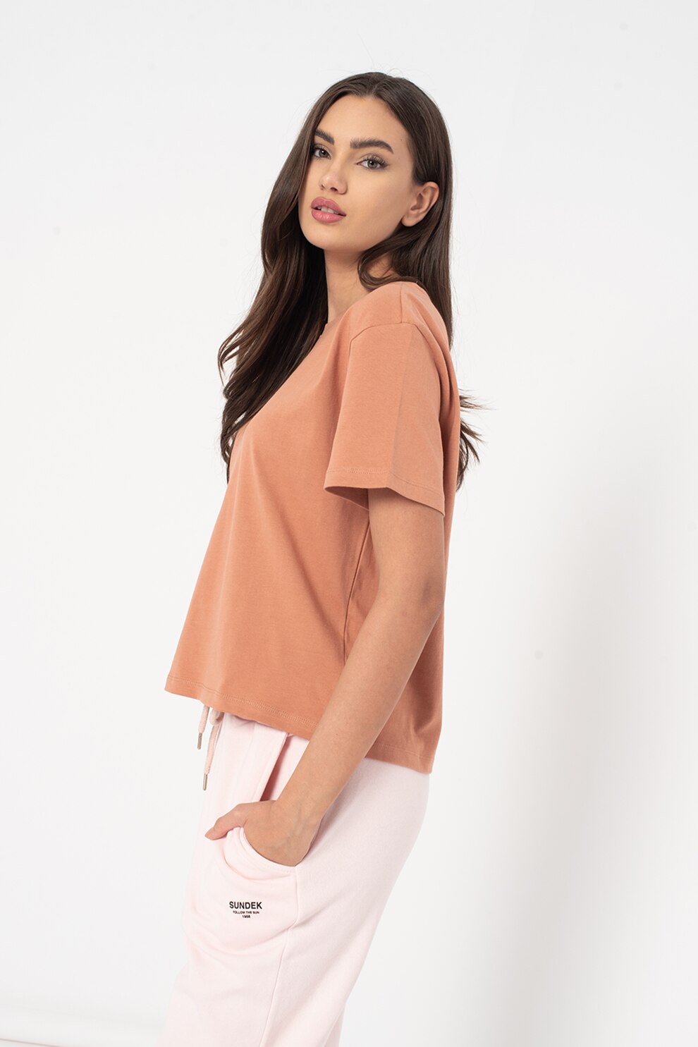 Tom Tailor, Tricou de bumbac organic cu text brodat, Roz prafuit