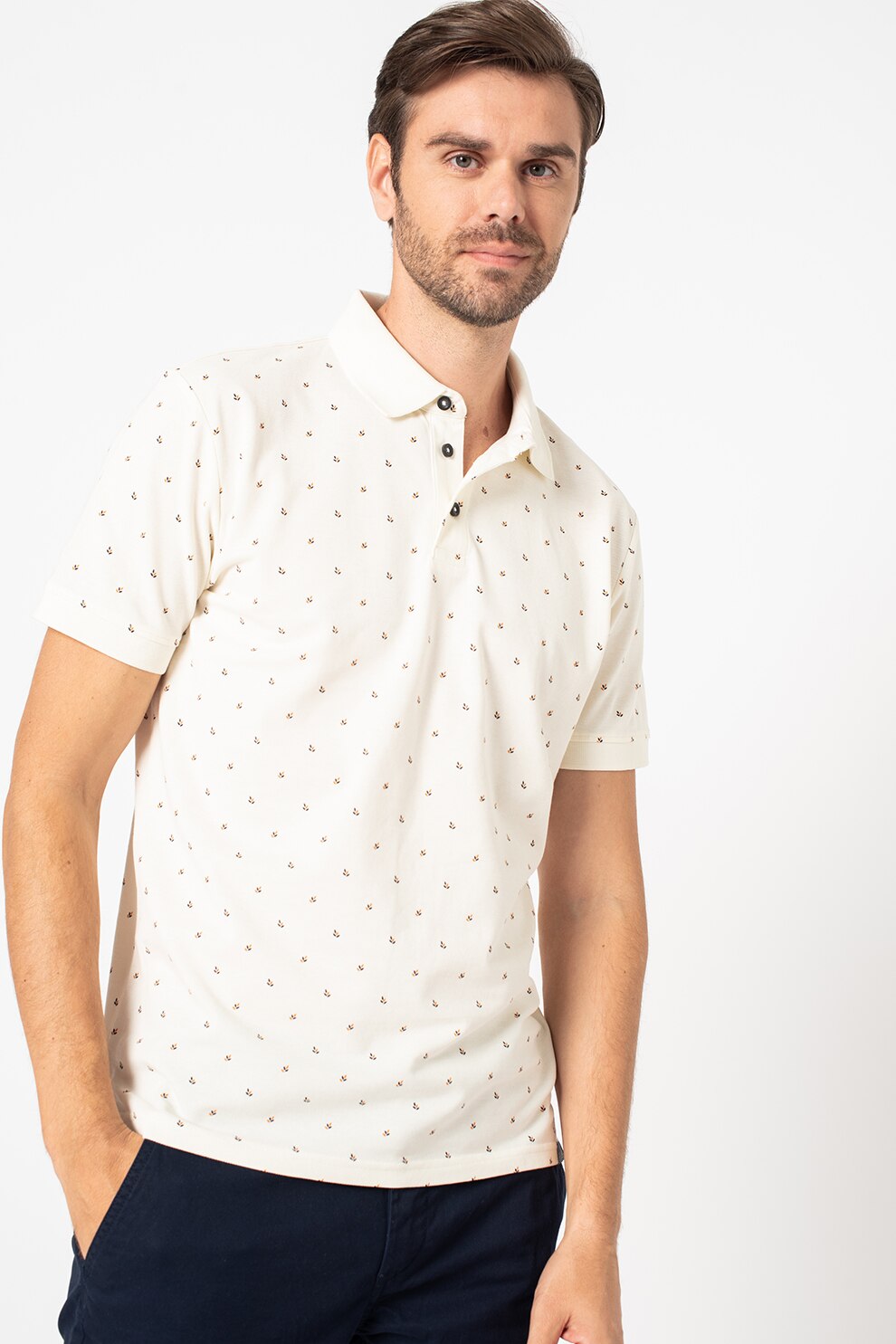 Tom Tailor, Tricou polo din pique, Alb/Bleumarin/Maro scortisoara