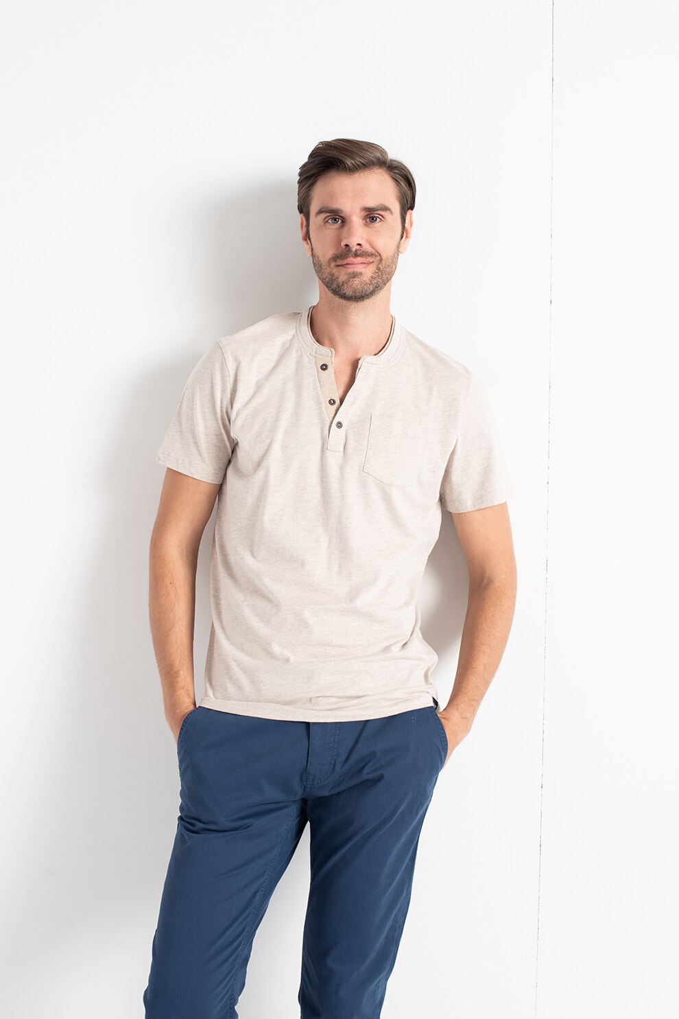 Tom Tailor, Tricou cu fenta cu nasturi, Maro deschis melange