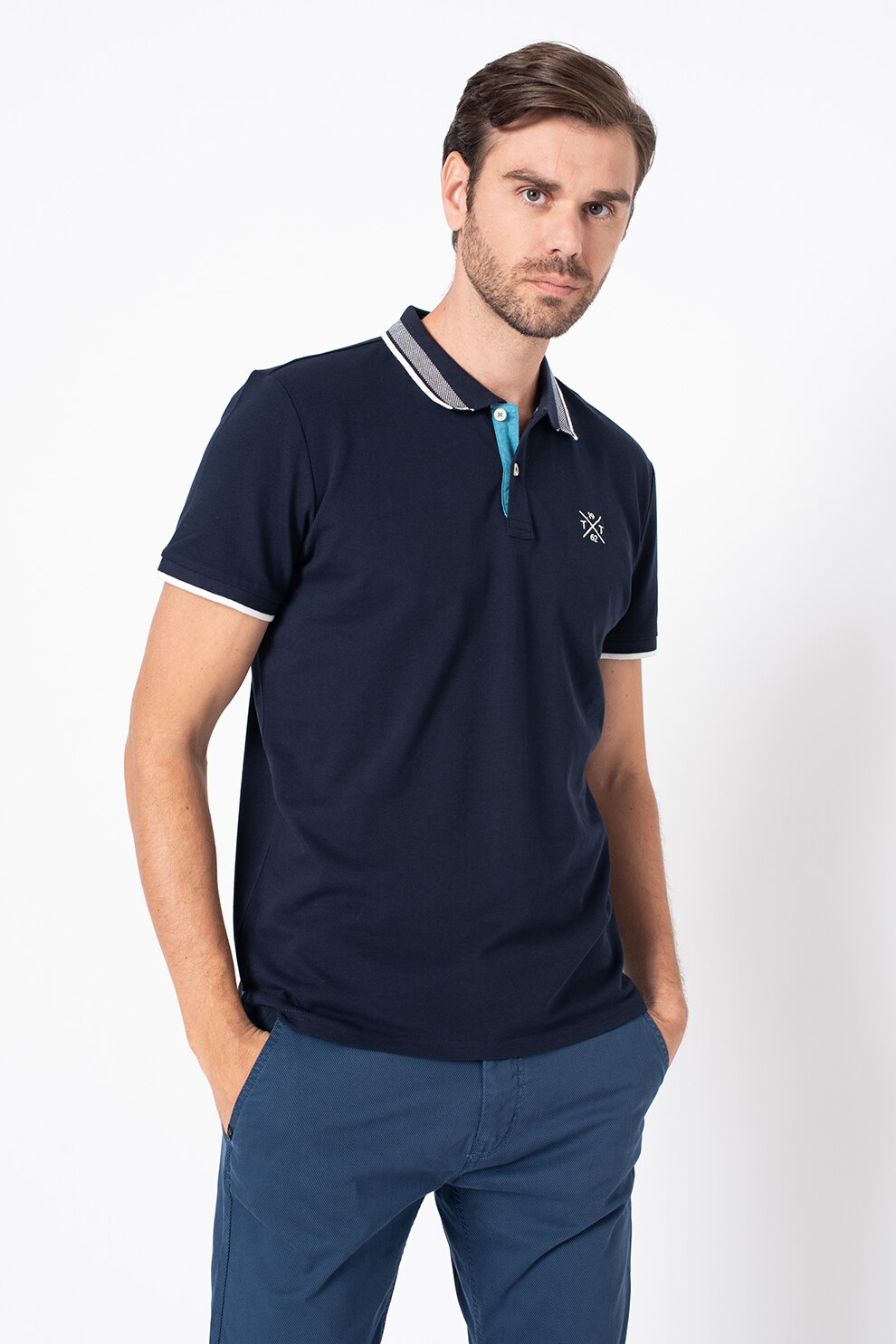 Tom Tailor, Tricou polo cu accente in dungi, Bleumarin/Alb