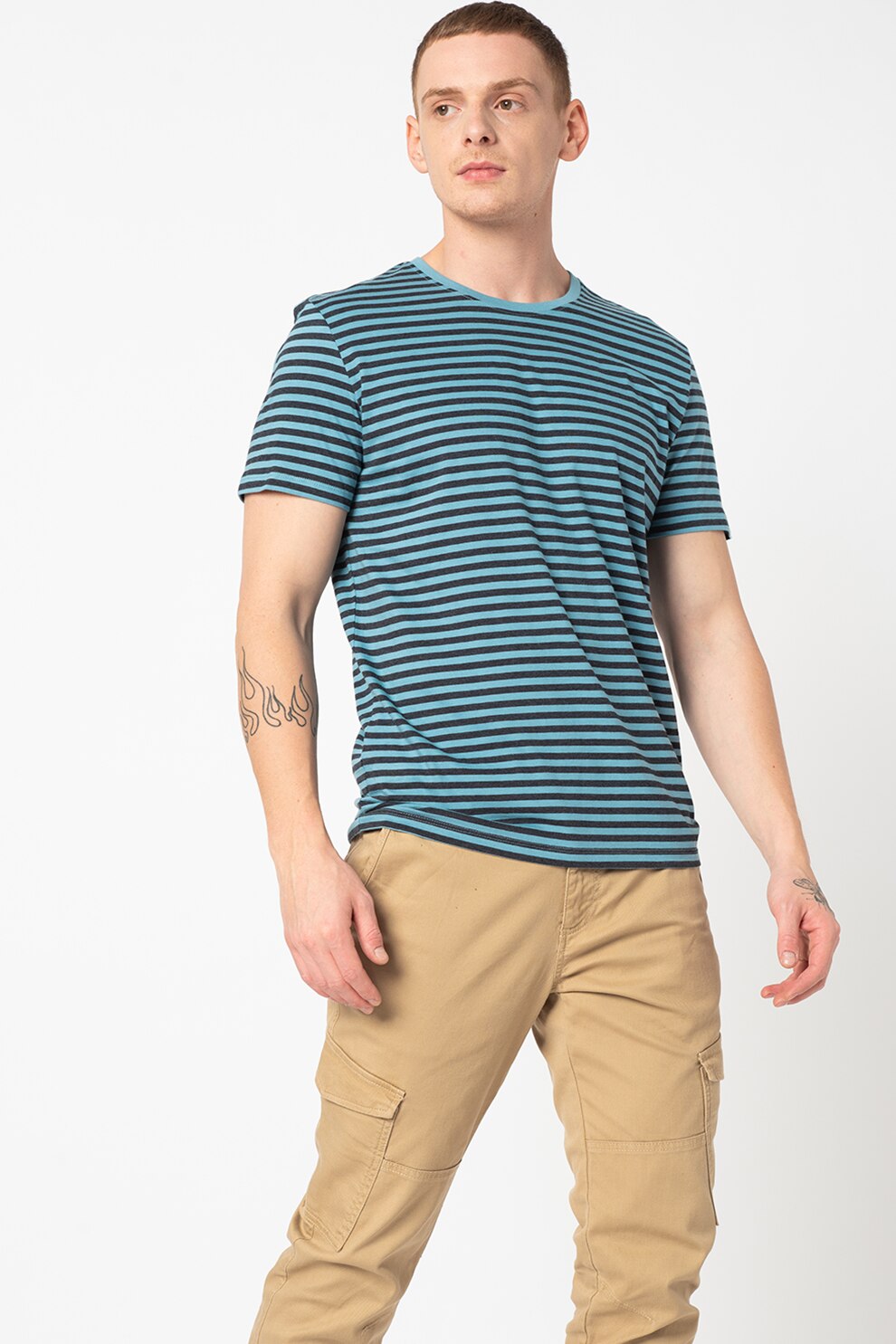 Tom Tailor, Tricou regular fit in dungi, Albastru lavanda/Gri inchis