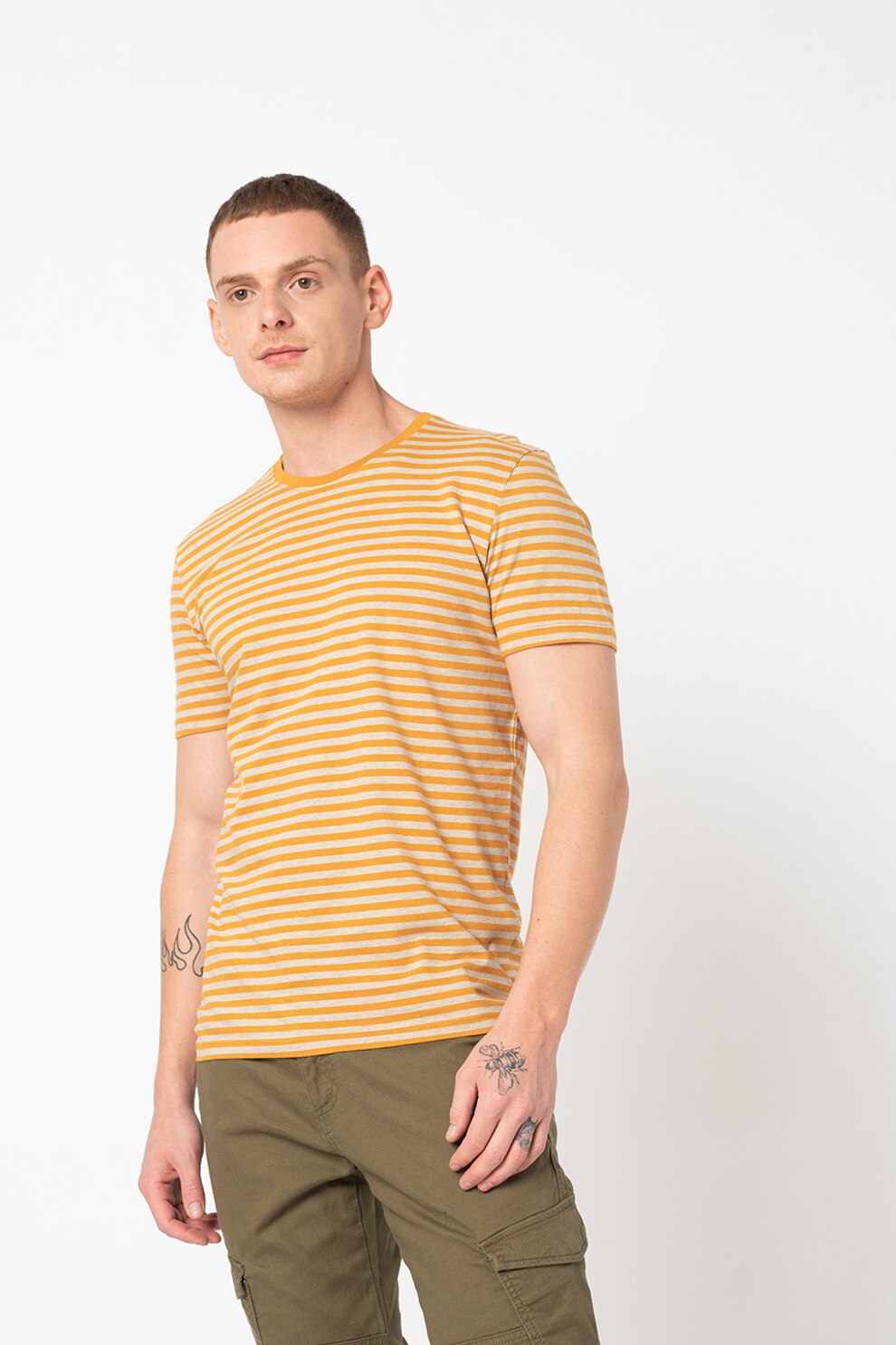 Tom Tailor, Tricou regular fit in dungi, Gri melange/ecru